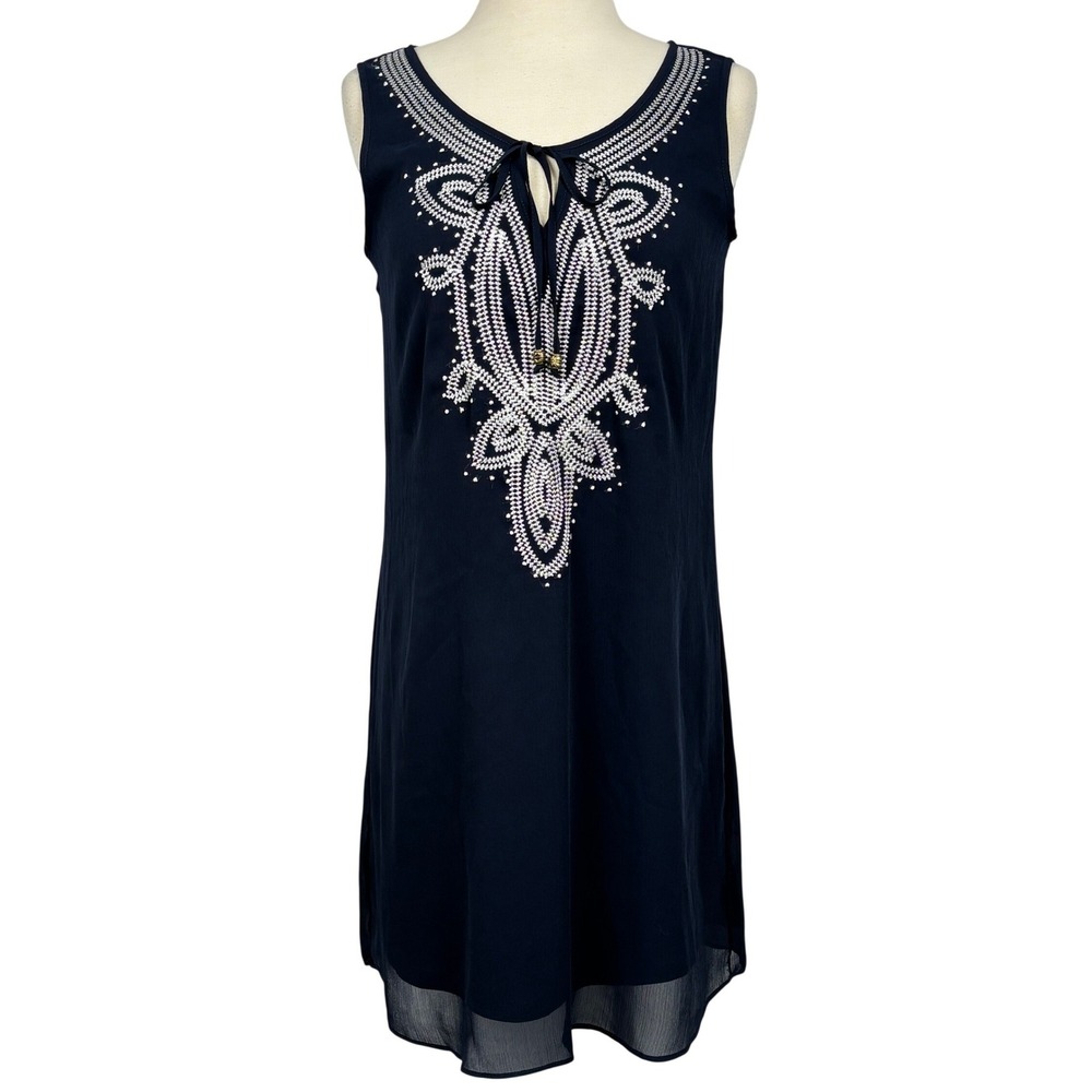 A Byer Navy Embroidered Dress Womens‎ S Sleeveless Boho Flowy Lined Tunic